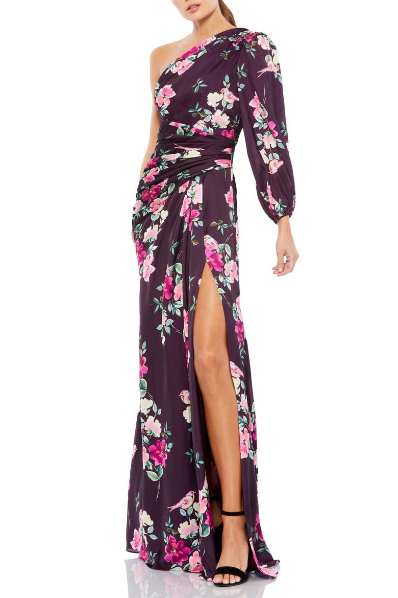Floral One-Sleeve Charmeuse Gown with Slit, Main, color, PLUM FLORAL