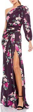 Mac Duggal Floral One-Sleeve Charmeuse Gown with Slit