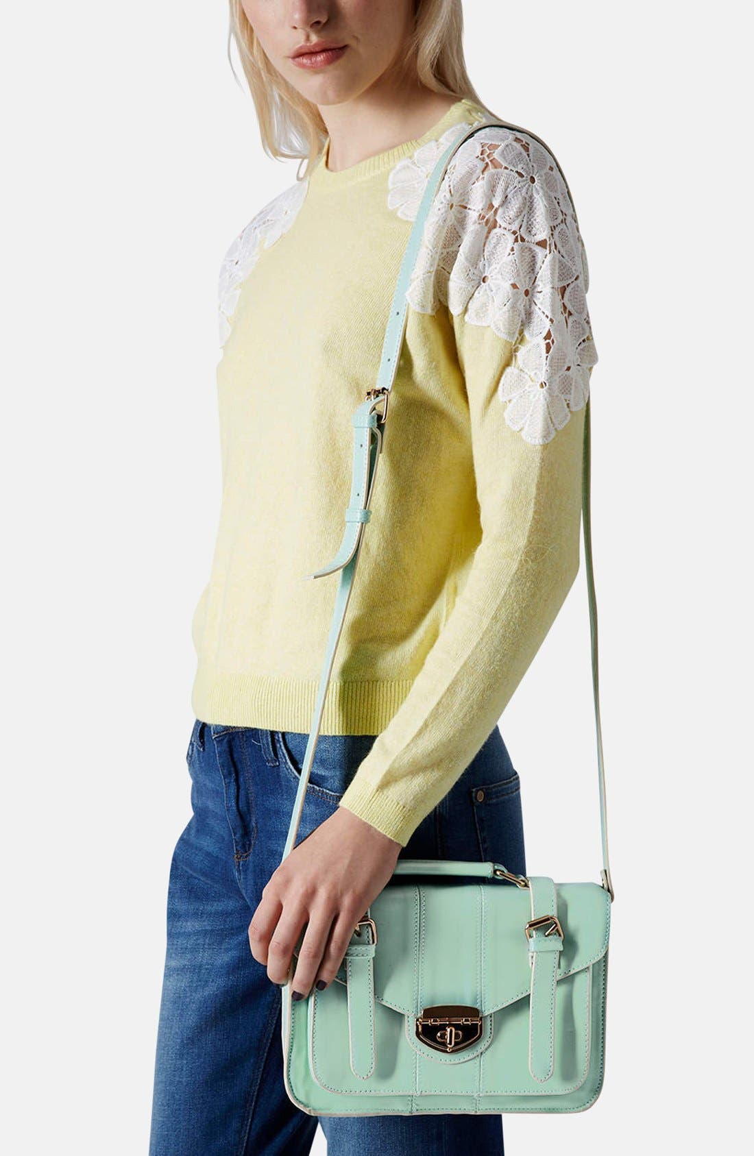 Turnlock Faux Leather Satchel, Alternate, color, MINT