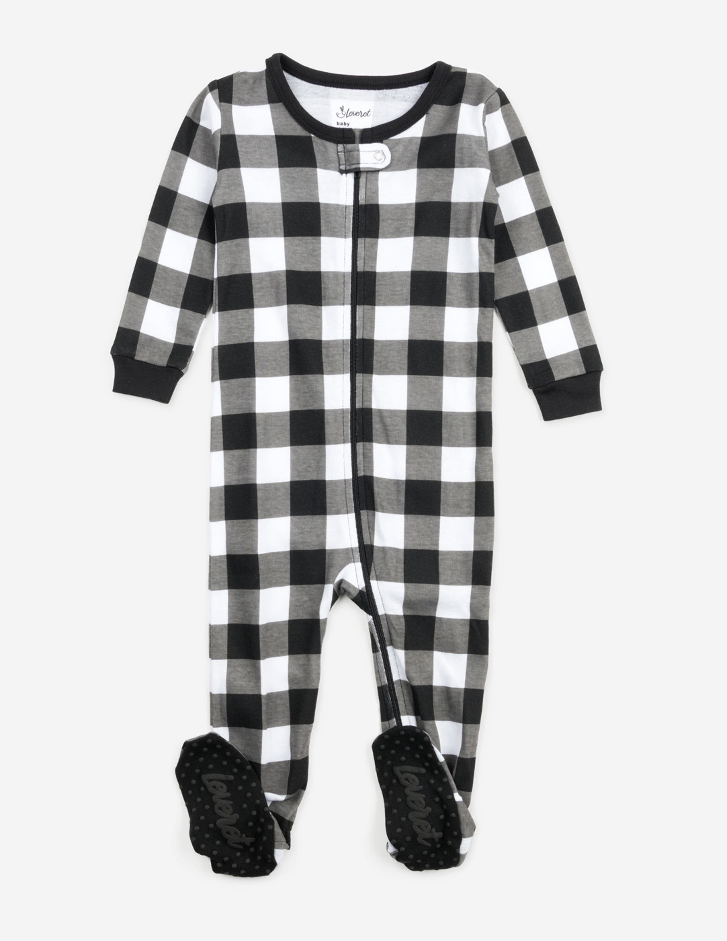 Leveret Kids Footed Plaid Cotton Matching Family Holiday Pajamas In Black