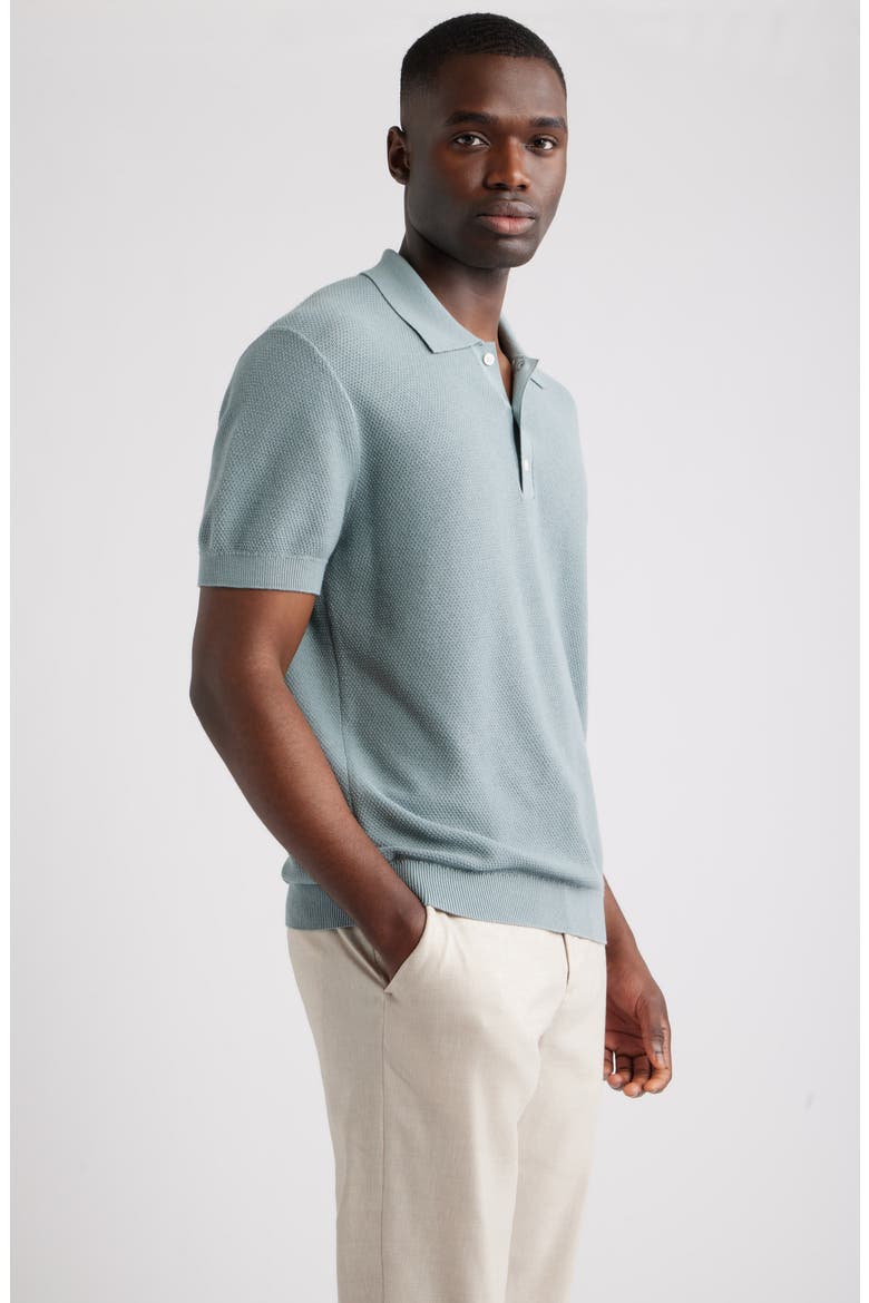 Short Sleeve Textured Cotton & Silk Polo Sweater, Alternate, color, BLUE SPRUCE