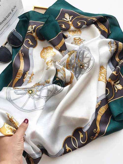 Silksilky 100% Mulberry Silk Printed Square Shawl Scarf 88*88cm In Darkgreen