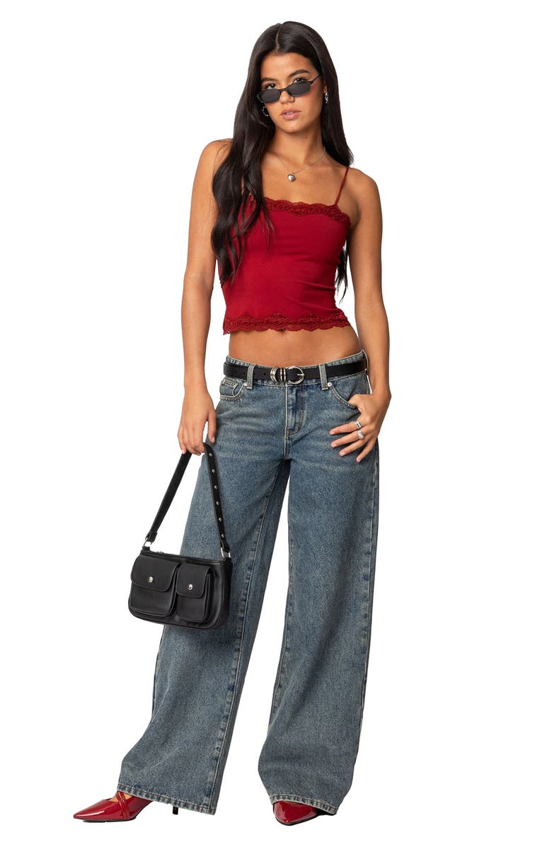 EDIKTED Cruella Lace Trim Crop Camisole, Alternate, color, Burgundy