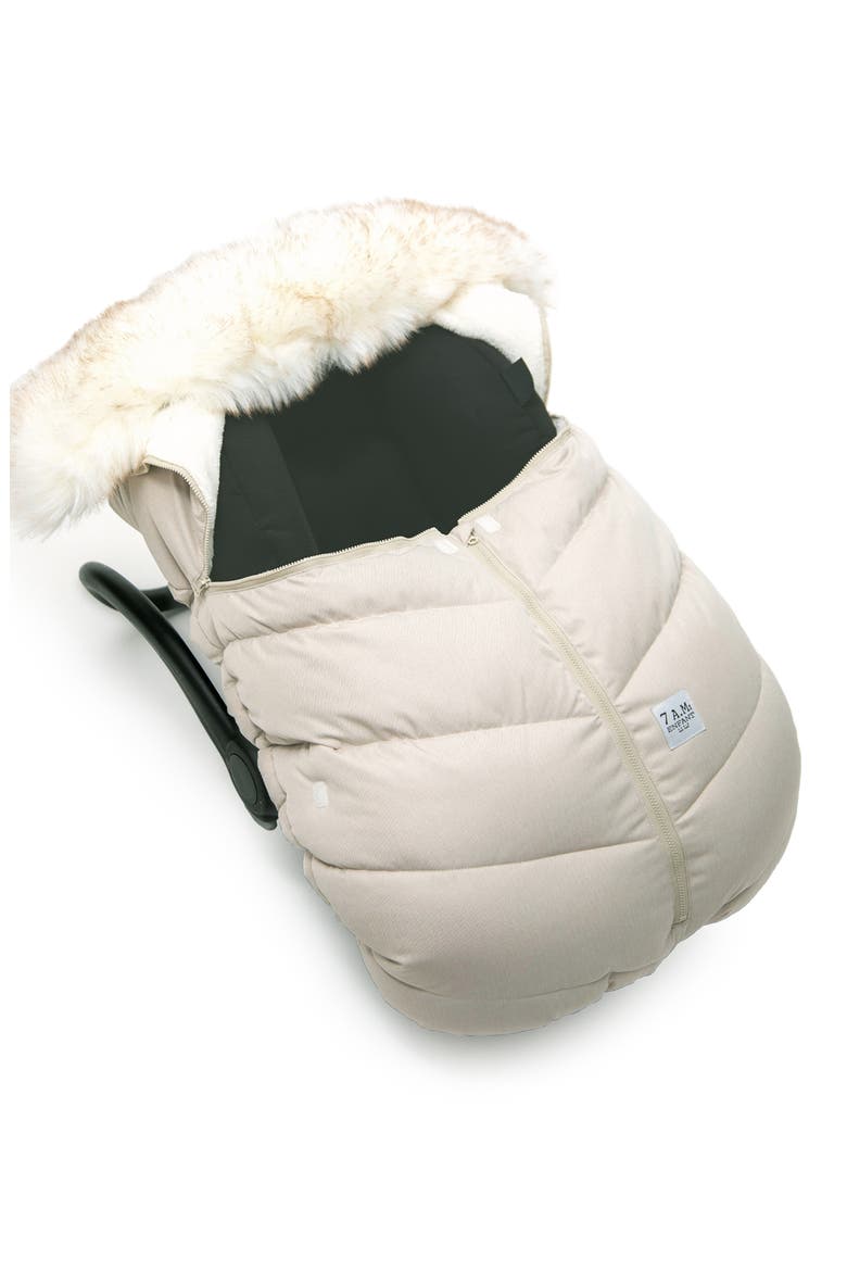 Water Repellent Faux Fur Trim Car Seat Cocoon, Alternate, color, BEIGE HEATHER WHITE FUR