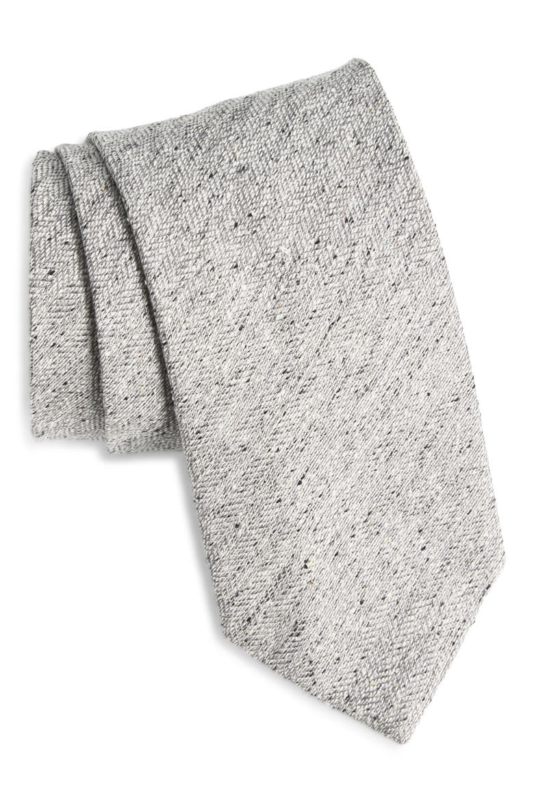 Grey Mélange Silk Herringbone Tie, Main, color, GRAY