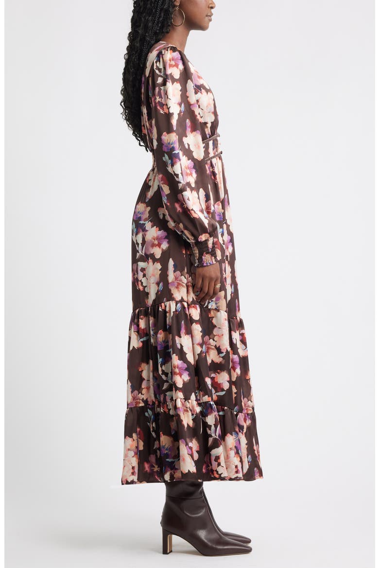 Smocked Cuff Long Sleeve Satin Maxi Dress, Alternate, color, BROWN FLOWER WASH