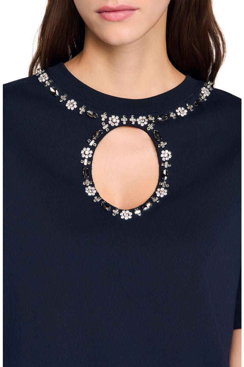Rhinestone openwork T-shirt, Alternate, color, Navy blue