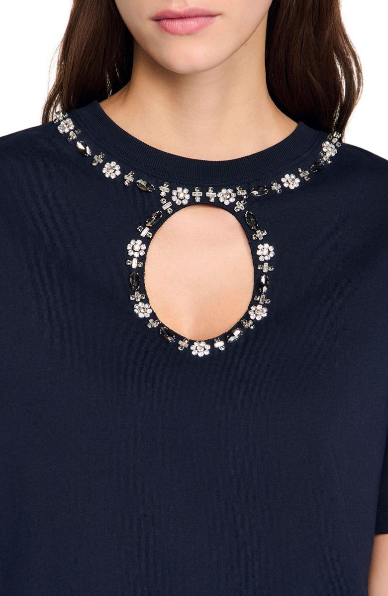 SANDRO Rhinestone openwork T-shirt, Alternate, color, Navy Blue