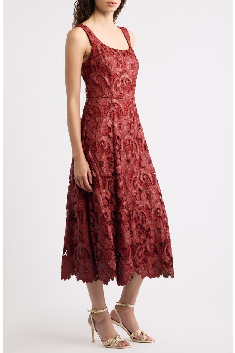The Chayanne Faux Leather Floral Lace Midi Dress, Alternate, color, TOASTED SAFFRON