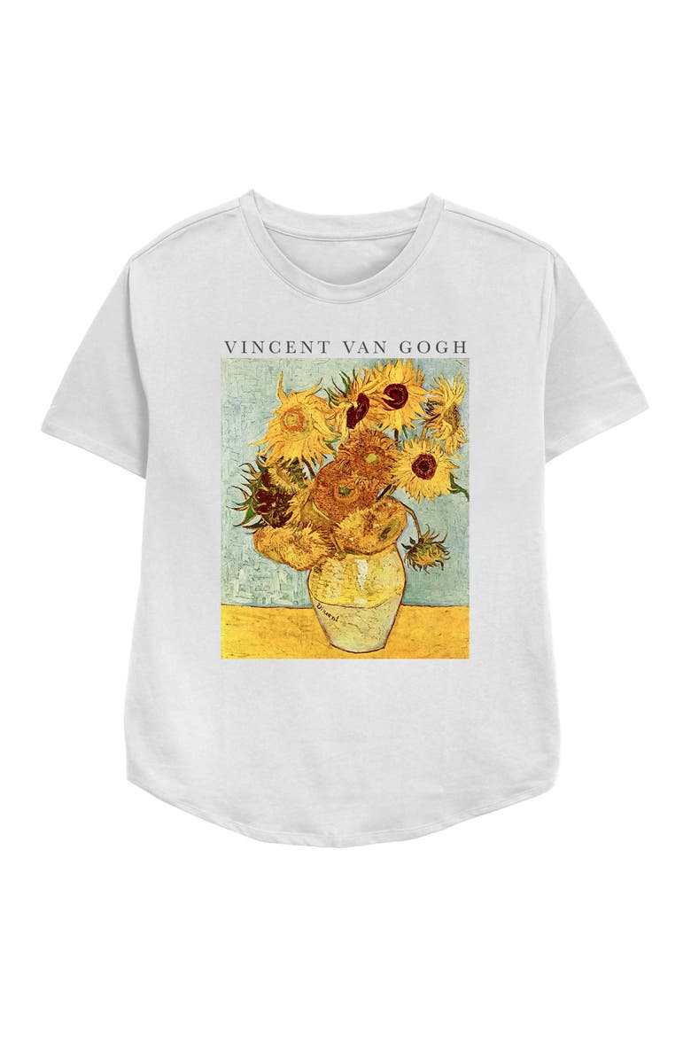 Women's Van Gogh Sunflowers Painting Short Sleeve Relaxed Fit T-Shirt, Main, color, White