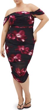 City Chic Floral Print Off the Shoulder Dress