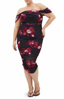 City Chic Floral Print Off the Shoulder Dress