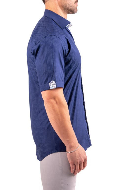 Maceoo Galileo Resistance0143 Blue Geo Jacquard Short Sleeve Cotton Button-up Shirt