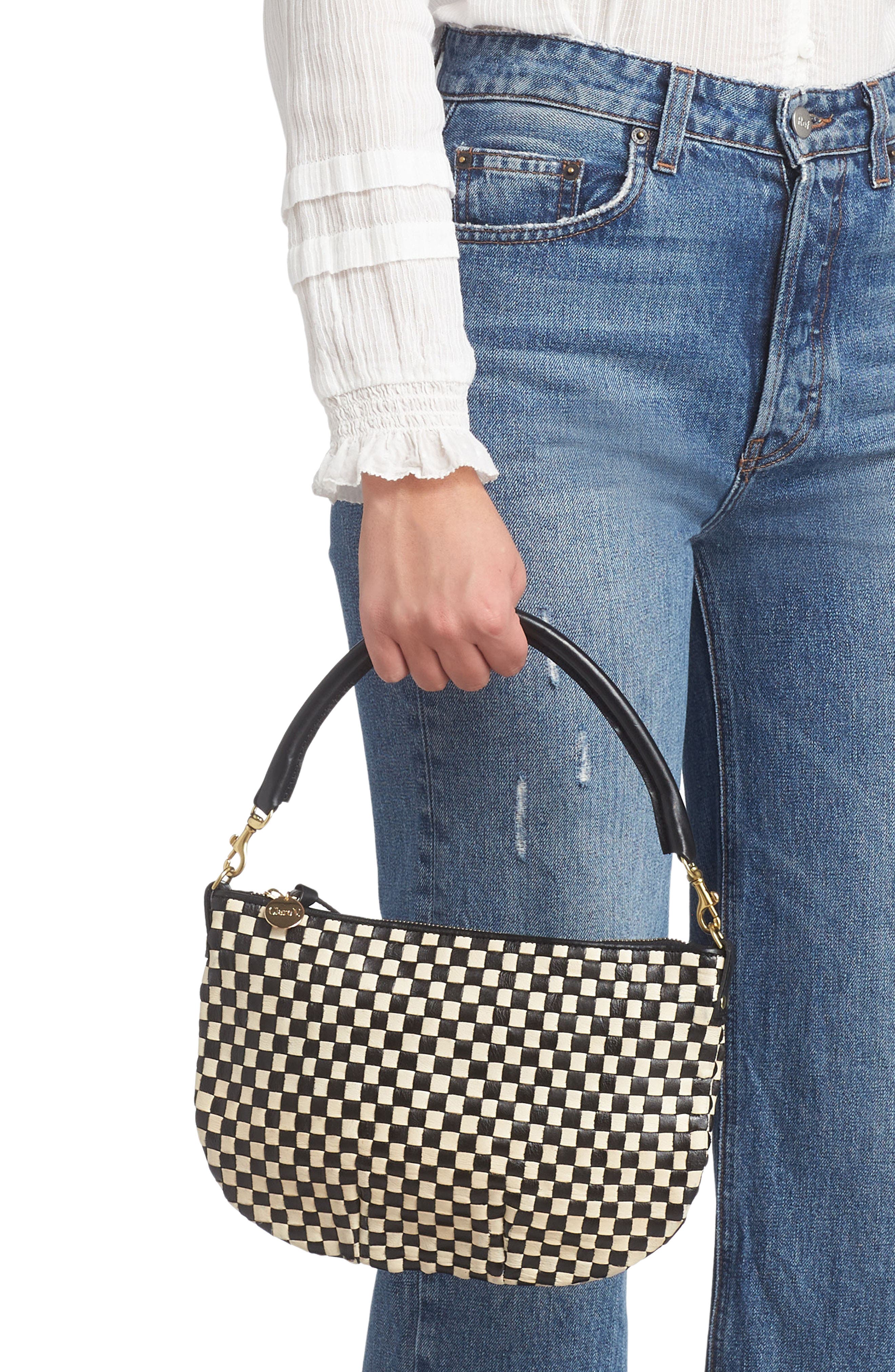 Clare V. Petit Moyen Woven Messenger Bag, Alternate, color, Black And Cream Woven Checker