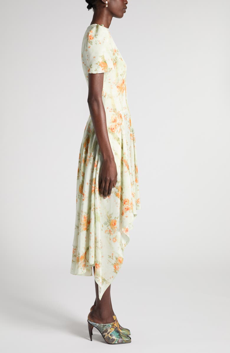 McQueen Floral Print Asymmetric Hem Silk Dress, Alternate, color, Stone - Tangerine