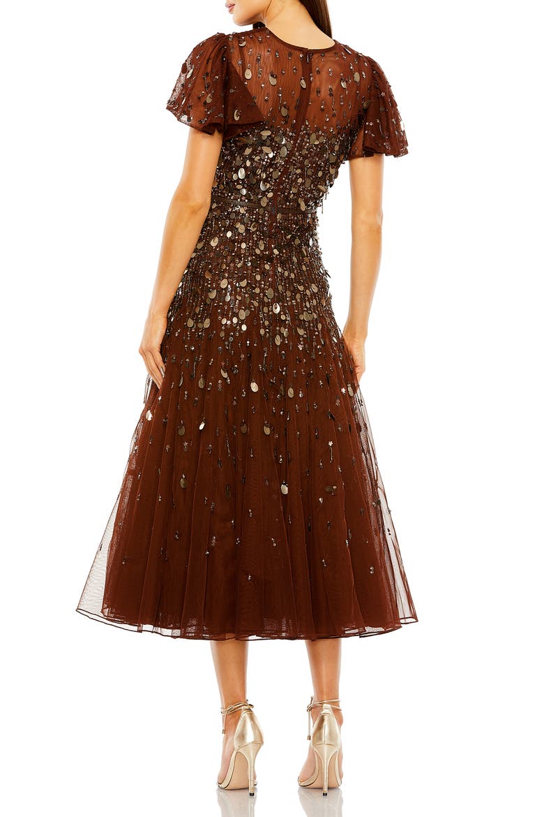 Flutter Sleeve Sheer Top Beaded Dress, Alternate, color, ESPRESSO