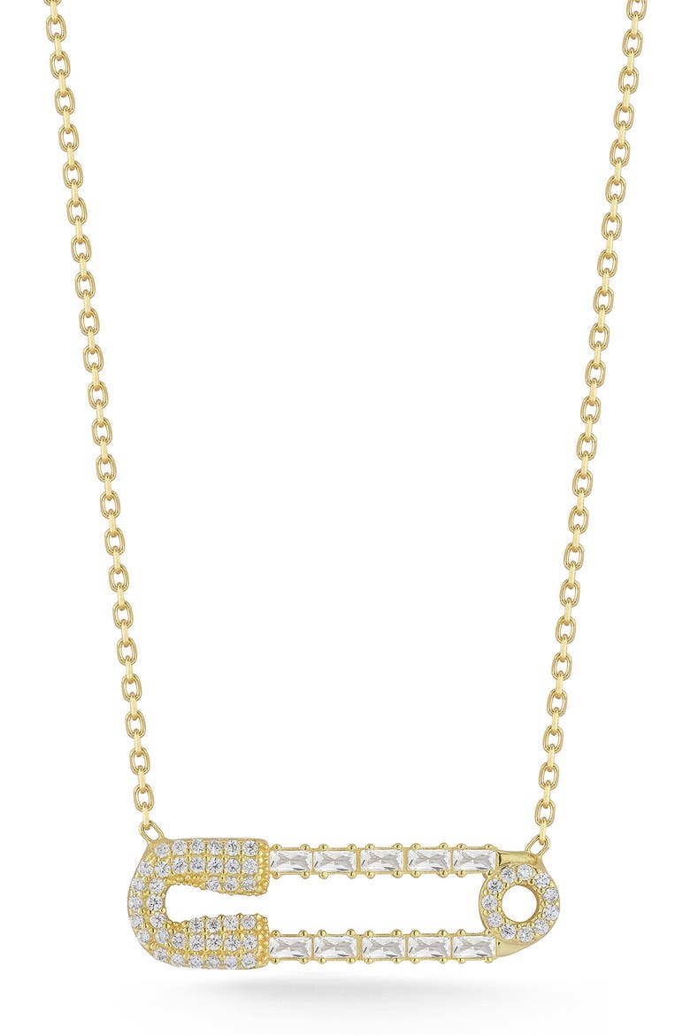 Cubic Zirconia Safety Pin Pendant Necklace, Main, color, GOLD