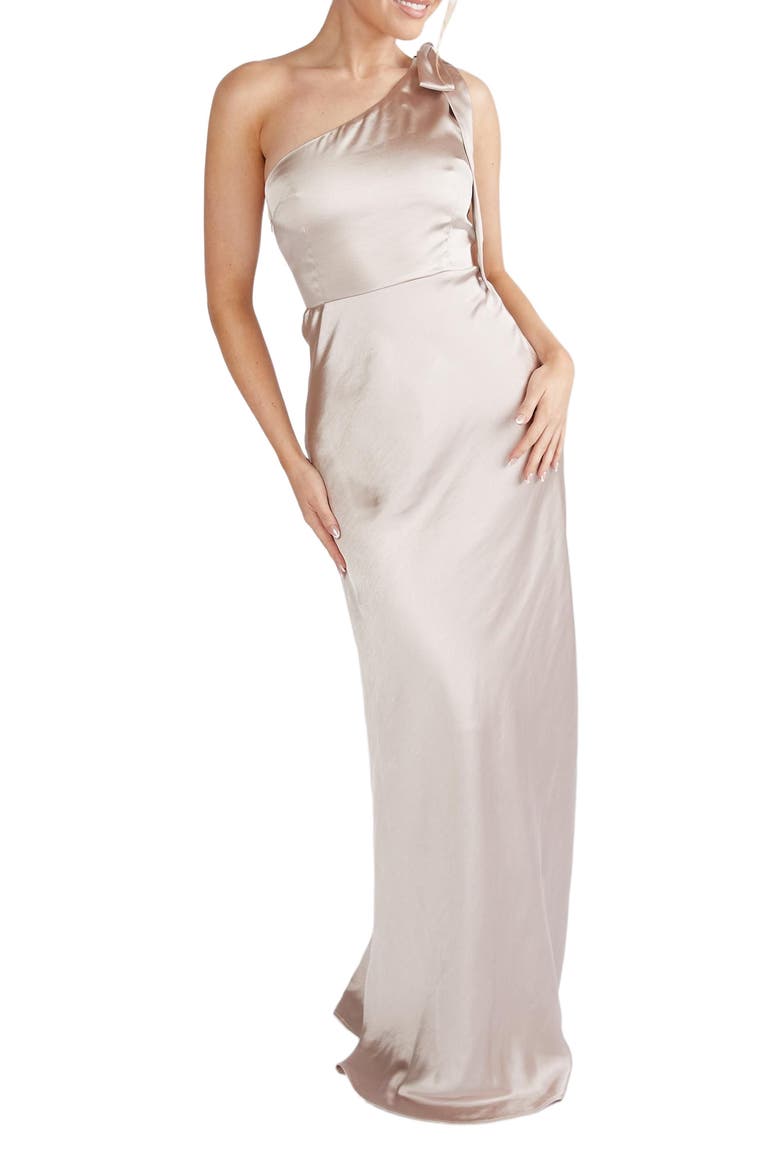 Bow One Shoulder Satin Bridesmaid Dress, Alternate, color, Oyster