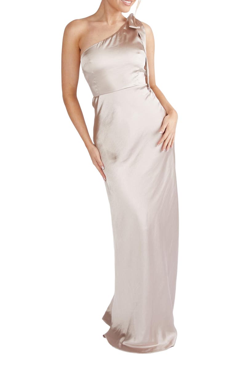 Six Stories Bow One Shoulder Satin Bridesmaid Dress, Alternate, color, Oyster