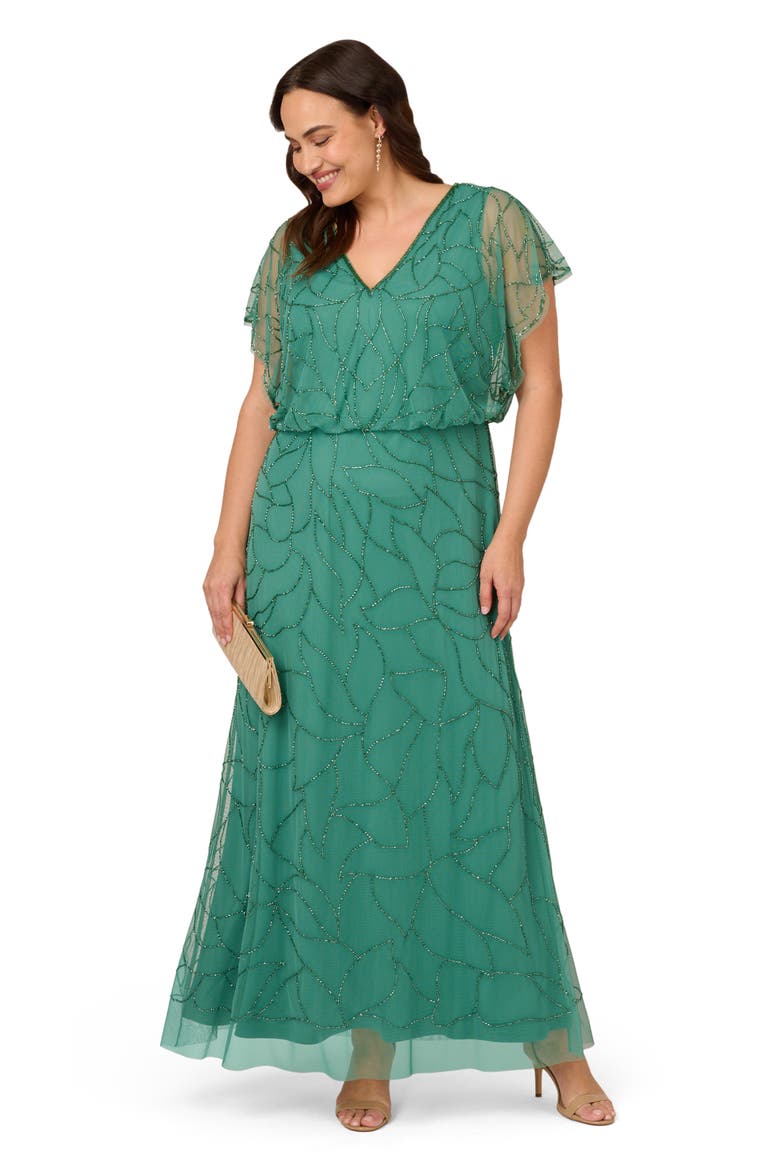 Beaded Mesh Blouson Gown, Alternate, color, JUNGLE GREEN