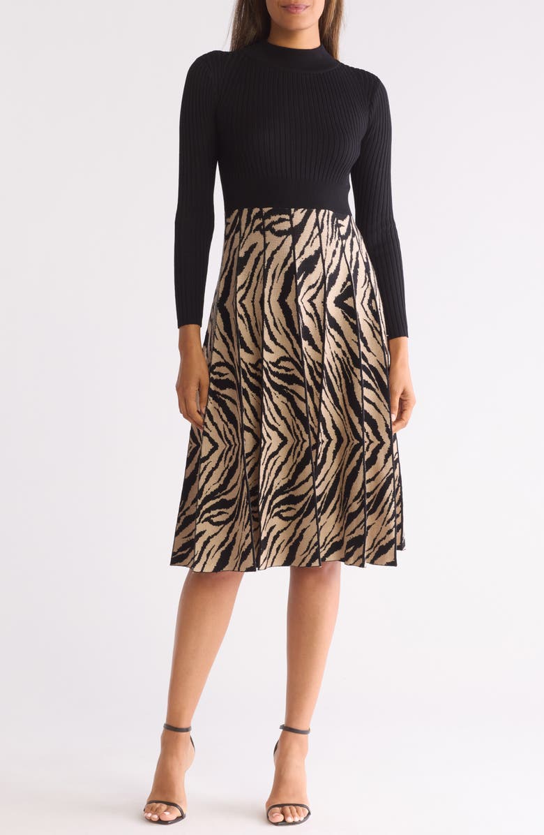 SANDRA DARREN Tiger Stripe Jacquard Flared Sweater Dress, Main, color,
