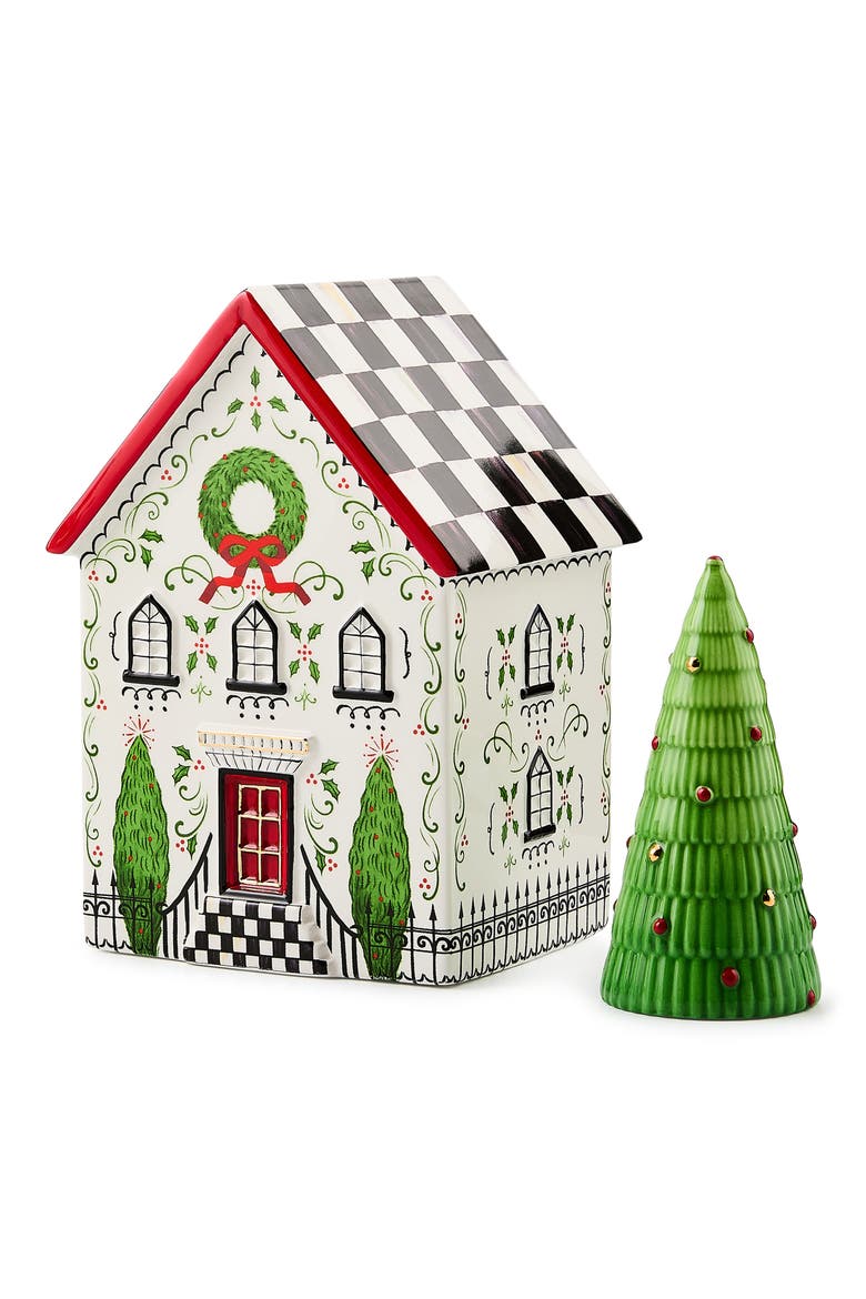 Holly Village Illuminated Cermaic Gingerbread House & Tree, Alternate, color, WHITE