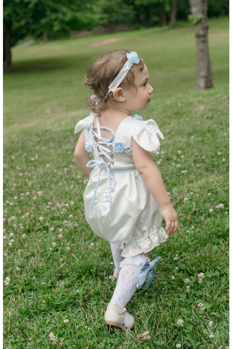 Daphne Satin Romper with Blue Embroidery, Alternate, color, White and Baby Blue