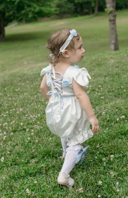 Petite Maison Kids Daphne Satin Romper With Blue Embroidery In White And Baby Blue
