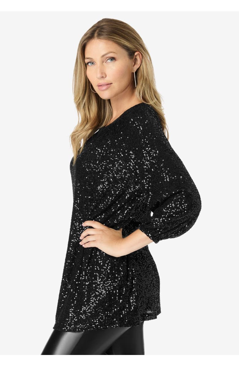 Roaman's Sequin Keyhole Blouse, Alternate, color, Black