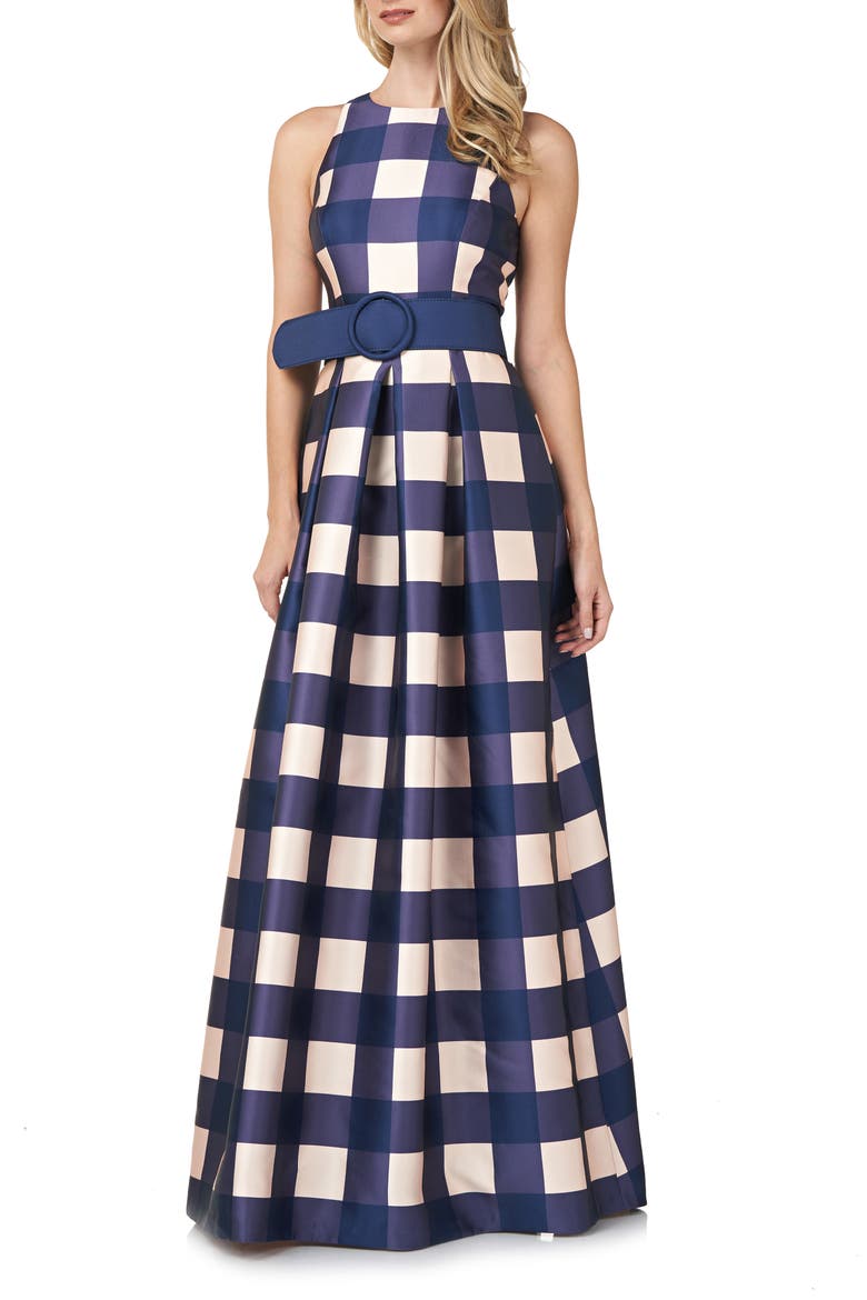 Jacqueline Gingham Belted A-Line Gown, Main, color, MIDNIGHT/ BLUSH GINGHAM