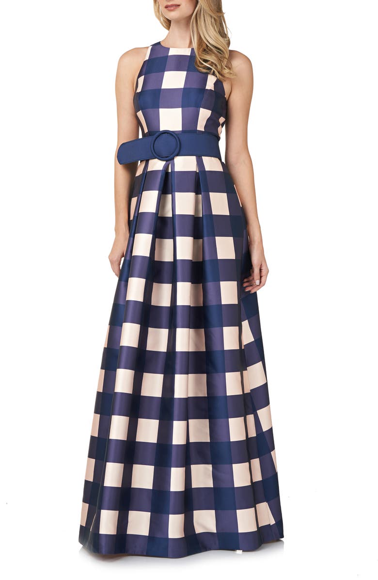 Kay Unger Jacqueline Gingham Belted A-Line Gown, Main, color,