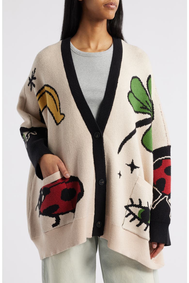 Lucky Clover Oversize Cardigan, Alternate, color, BEIGE/ BLACK