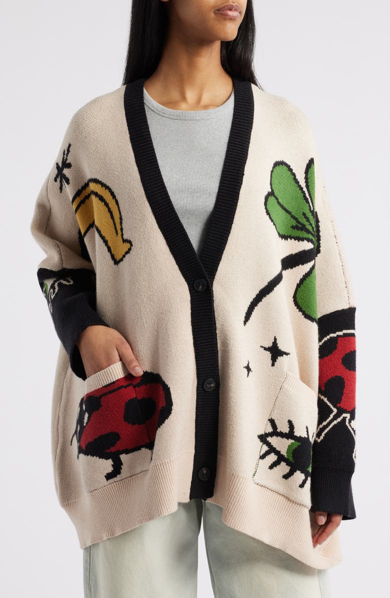 Dressed in Lala Lucky Clover Oversize Cardigan, Alternate, color, Beige/ Black