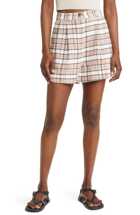 Plaid Pleated Cotton Blend Shorts