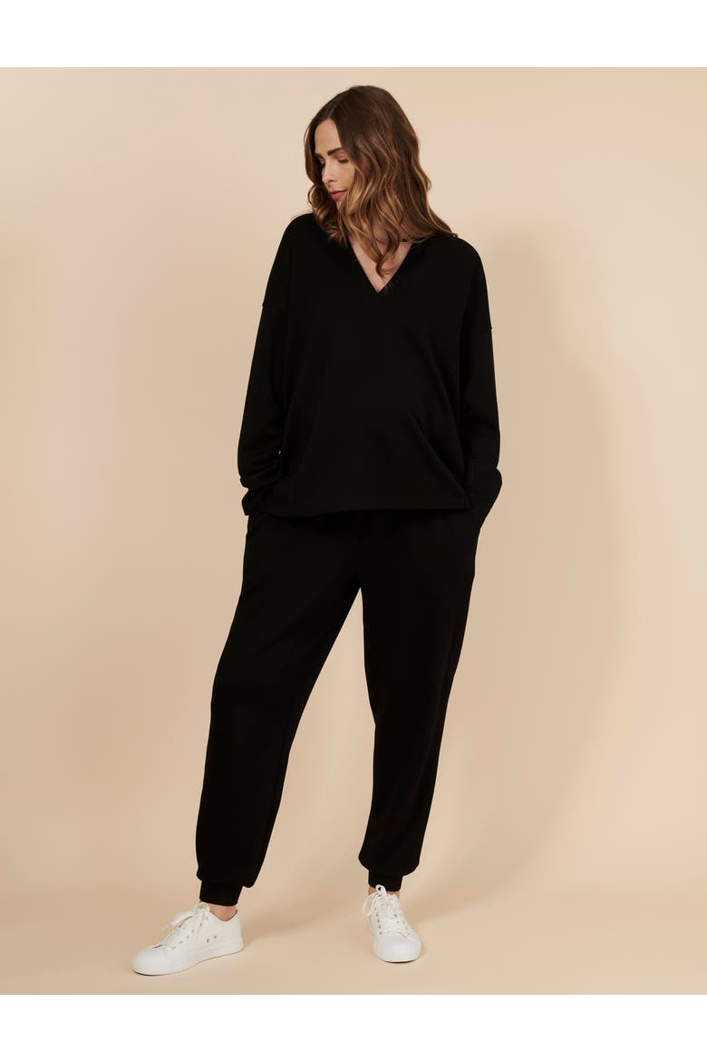 V-Neck Pullover Scuba Knit Hoodie, Alternate, color, Black
