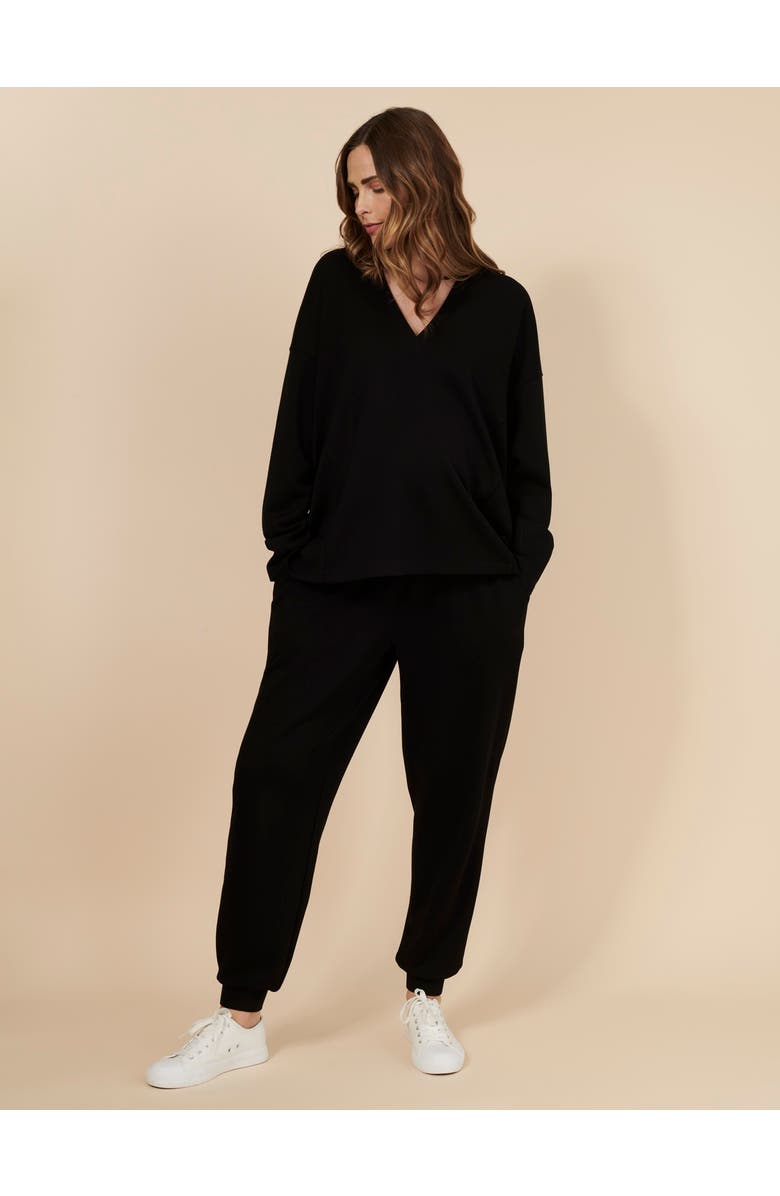 MOTHERHOOD MATERNITY V-Neck Pullover Scuba Knit Hoodie, Alternate, color, Black