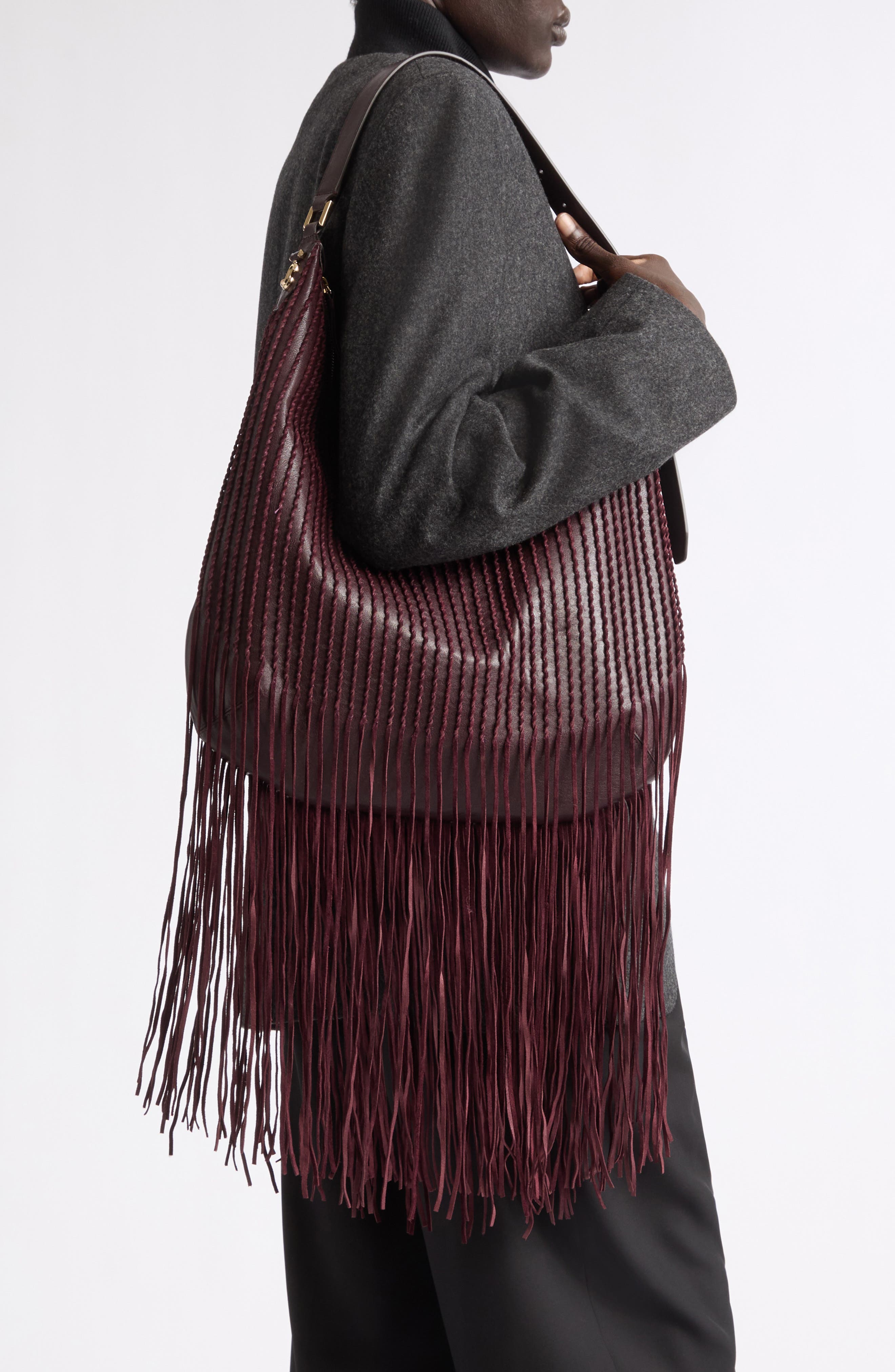 Bar Medium Leather Fringe Hobo, Alternate, color, DEEP MERLOT/ SHINY GOLD