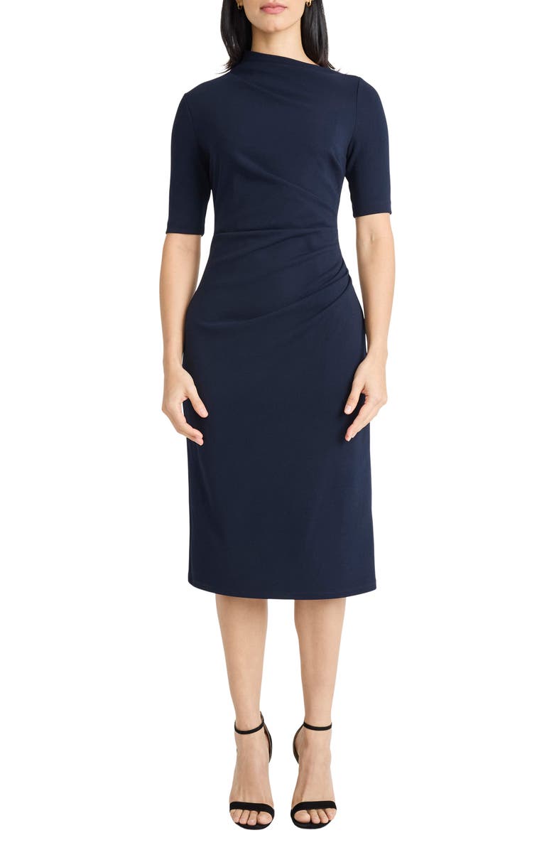 Maggy London Ruched Midi Sheath Dress, Main, color, Twilight Navy