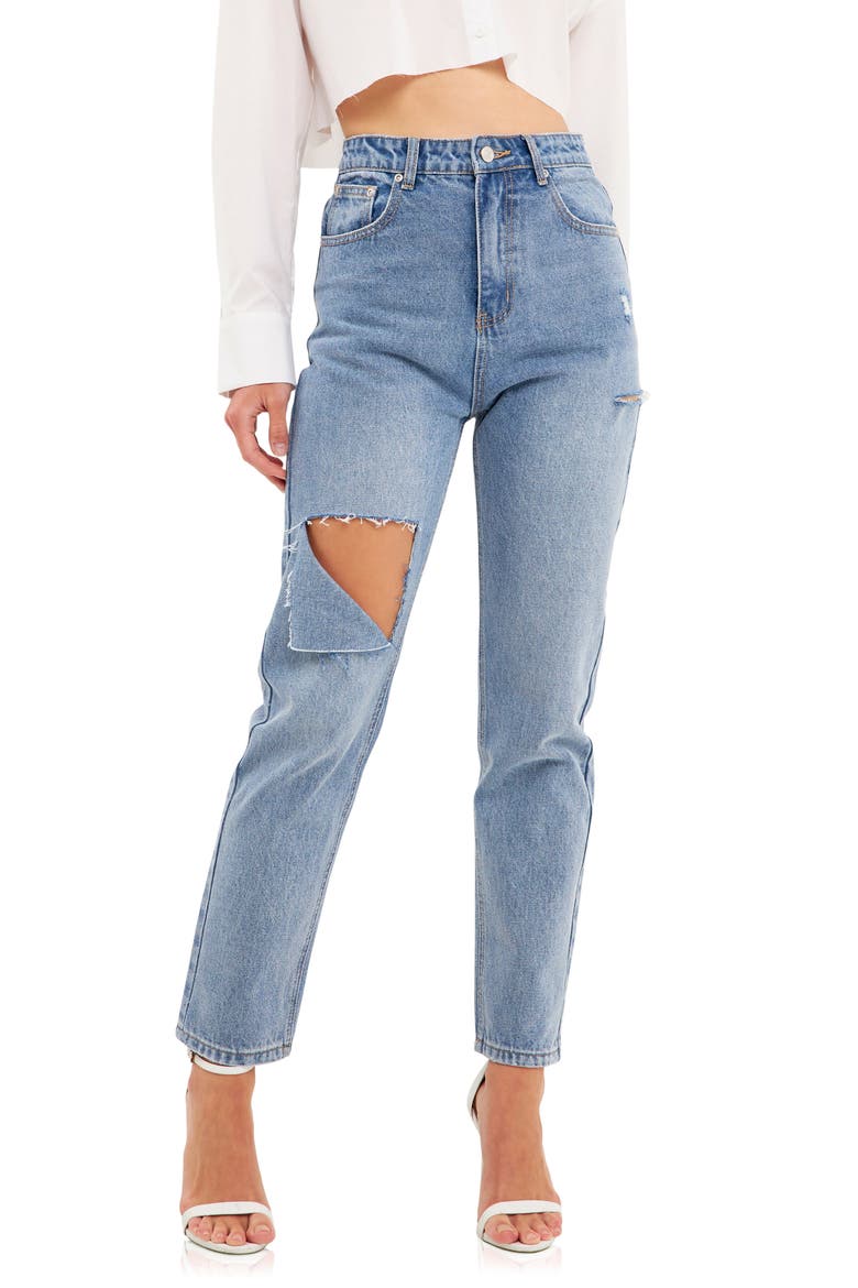 Ripped High Waist Slim Straight Leg Jeans, Main, color, DENIM