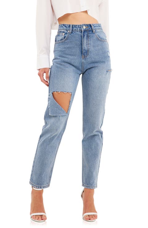 Ripped High Waist Slim Straight Leg Jeans