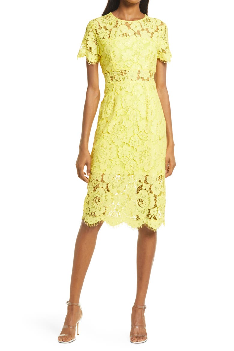 Lace Short Sleeve Midi Dress, Main, color, CITRON