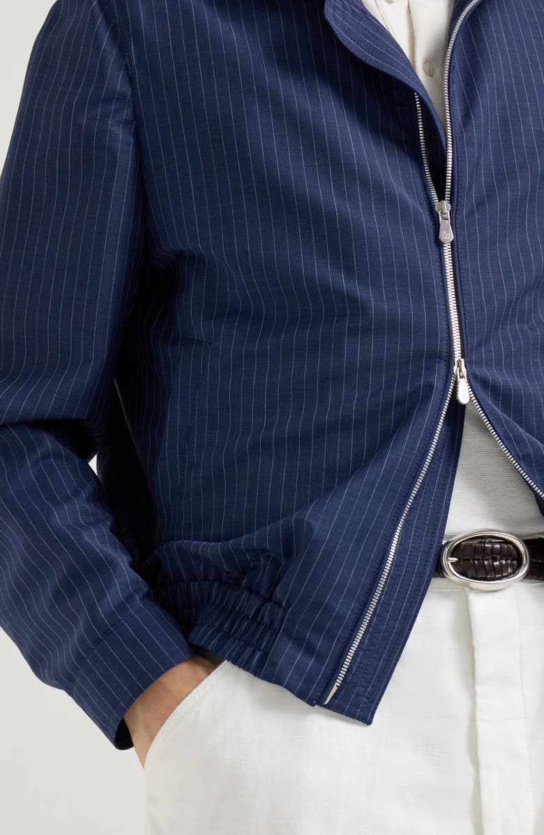 Brunello Cucinelli Pinstripe fresco outerwear jacket, Alternate, color, Blue