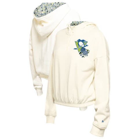 Women's New Era Cream Pittsburgh Penguins Glam Game Quarter-Zip Cropped Floral Hoodie Pullover