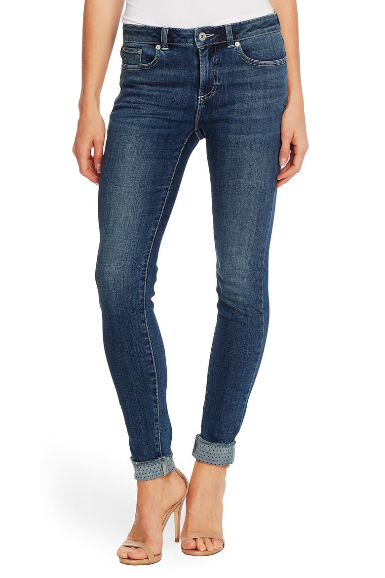 High Waist Polka Dot Cuff Jeans, Main, color, TRUE BLUE