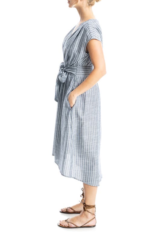 Max Studio Stripe Tie Front Cotton Blend Dress In Navy/white Tartan Stripe