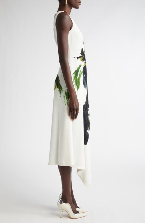 Jason Wu Collection Brushstroke Boatneck Fit-flare Crepe Dress In Chalk/olive Multi
