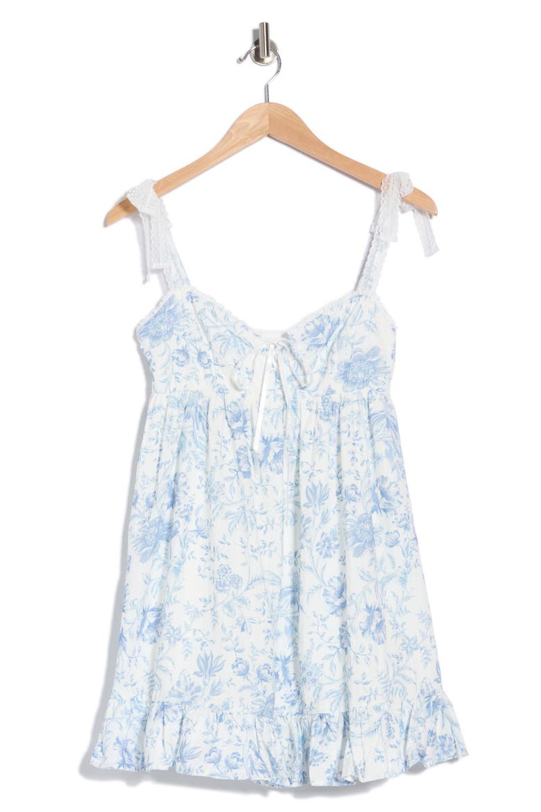 Floral Tie Shoulder Babydoll Minidress, Main, color, CREAM BLUE