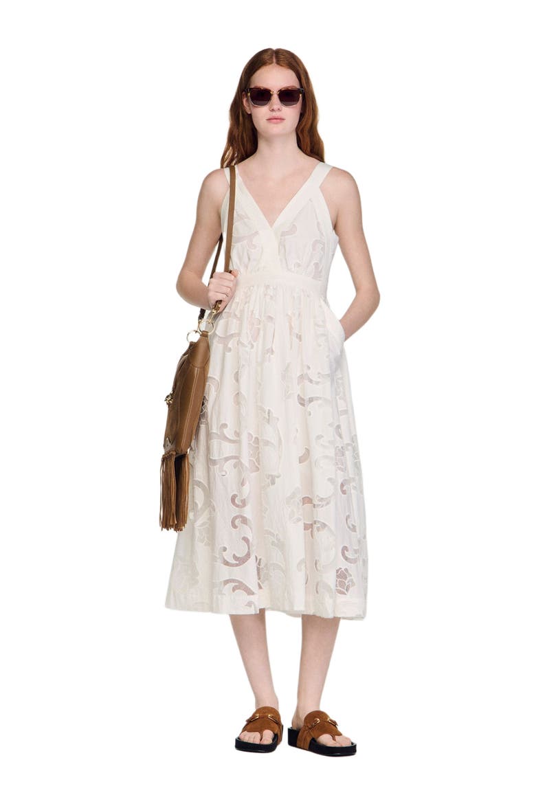 Openwork floral cotton midi dress, Alternate, color, Ecru