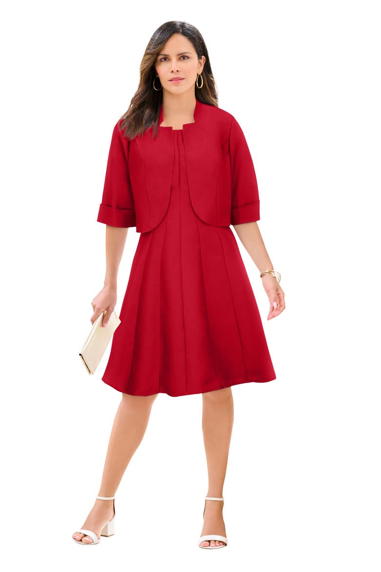 Plus Size Elbow Sleeve Fit And Flare Dress With Bolero Jacket 2 Piece Suit, Main, color, CLASSIC RED