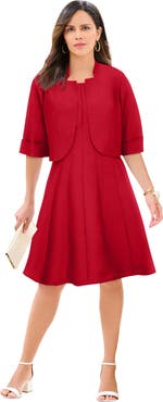 Roaman's Plus Size Elbow Sleeve Fit And Flare Dress With Bolero Jacket 2 Piece Suit